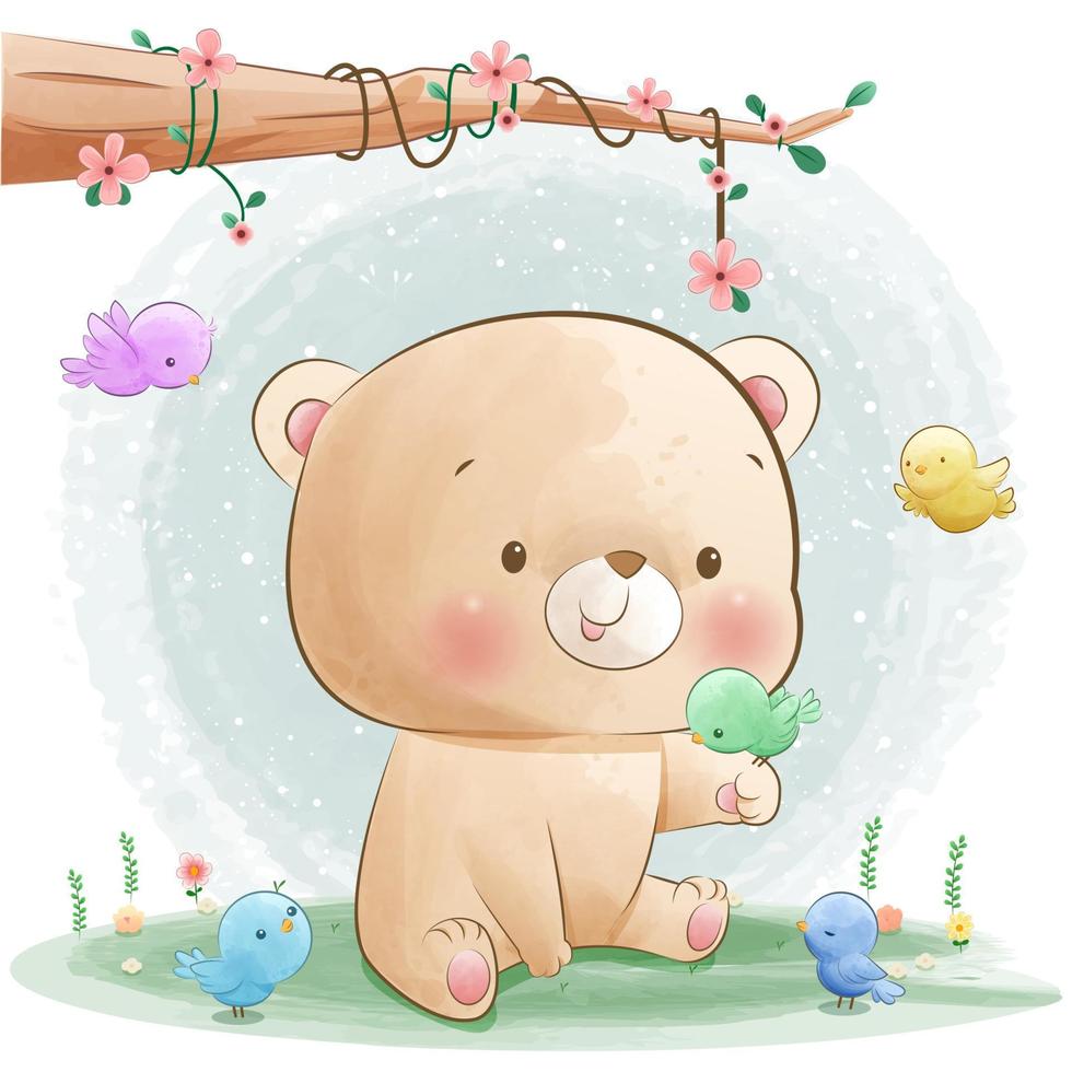 Cute baby Bears playing with birds illustration vector