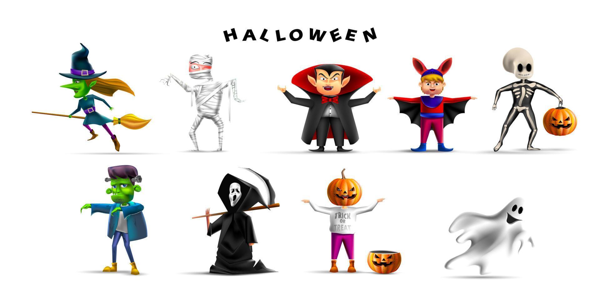 Set of halloween costume party cartoon character in realistic 3d vector