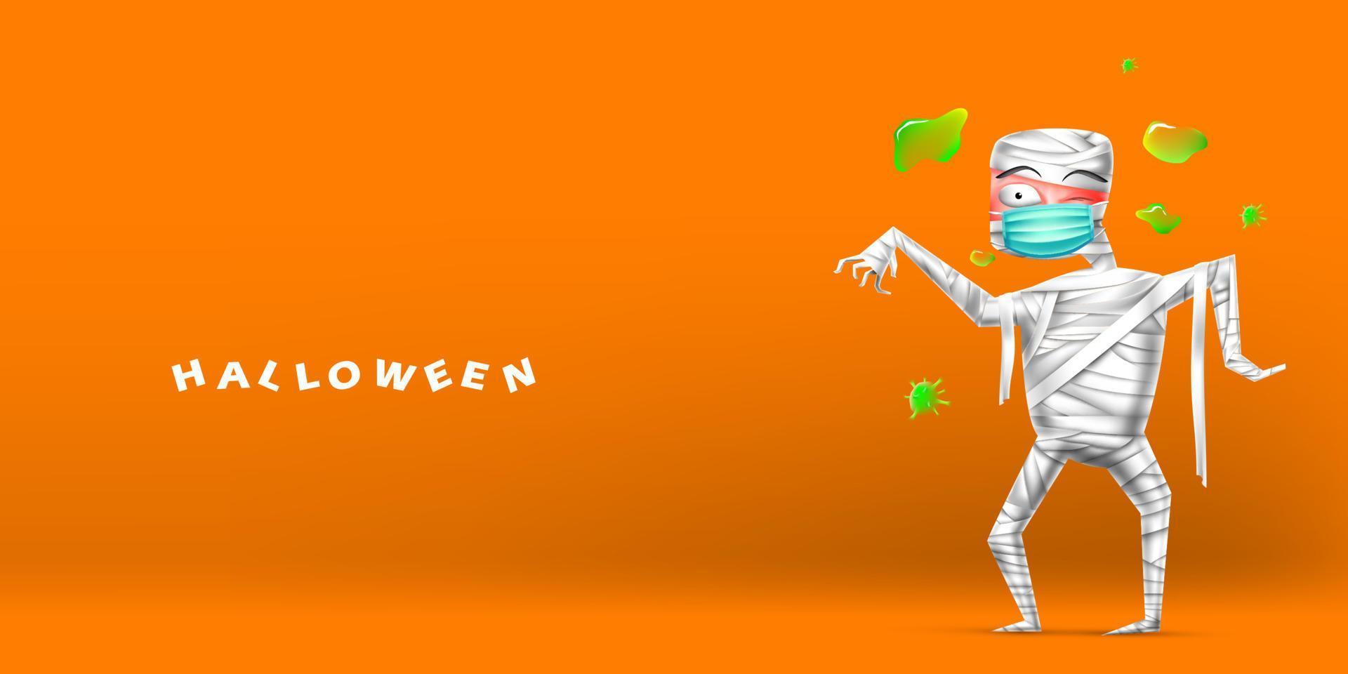 Happy halloween greeting card design background. Realistic 3d vector mummy wearing surgical face mask to protecting from coronavirus or COVID-19