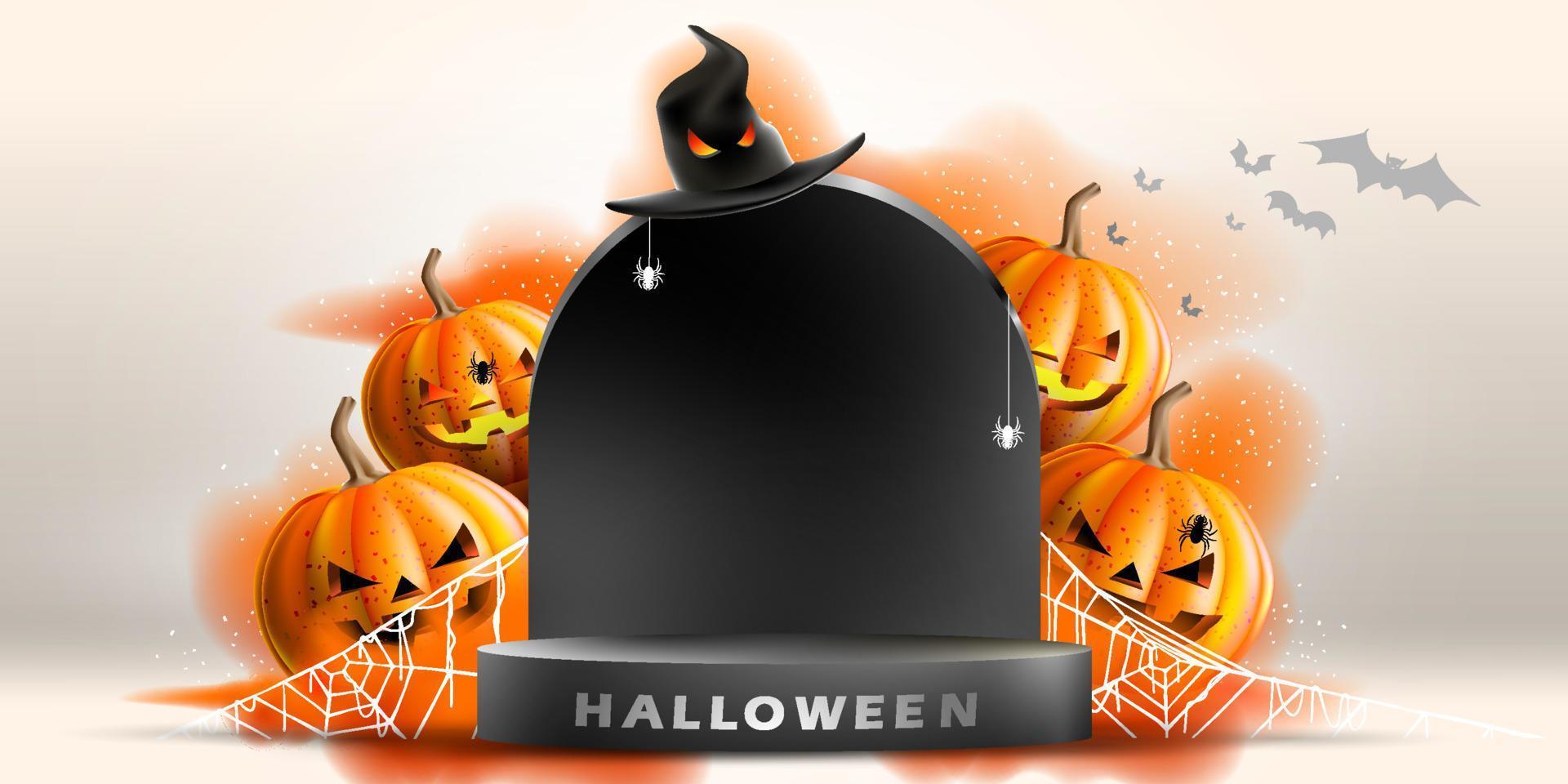 Simple podium and stage with halloween gravestone concept.Display product with witchcraft hat vector