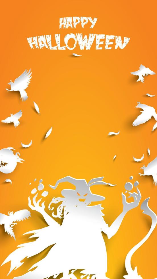 Halloween background with witch and crow in paper art carving style. banner, poster, Flyer or invitation template party. Vector illustration.