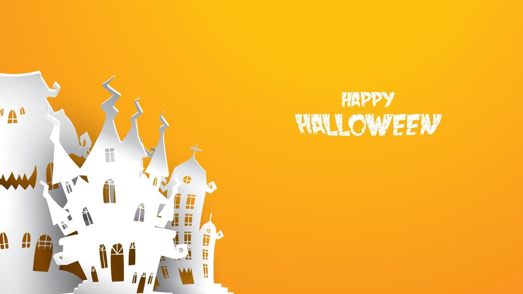 Halloween background with haunted house in paper art carving style. banner, poster, Flyer or invitation template party. Vector illustration.