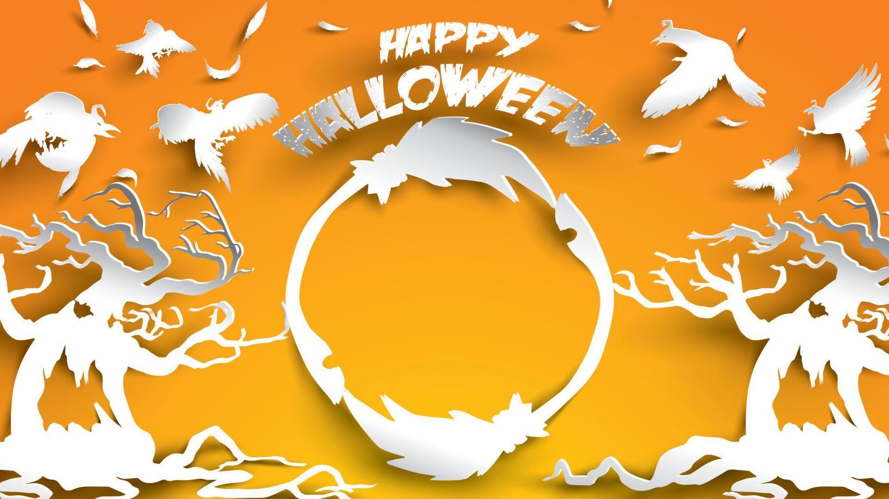 Halloween background with haunted tree, crow and broomstick in paper art carving style. banner, poster, Flyer or invitation template party. Vector illustration.