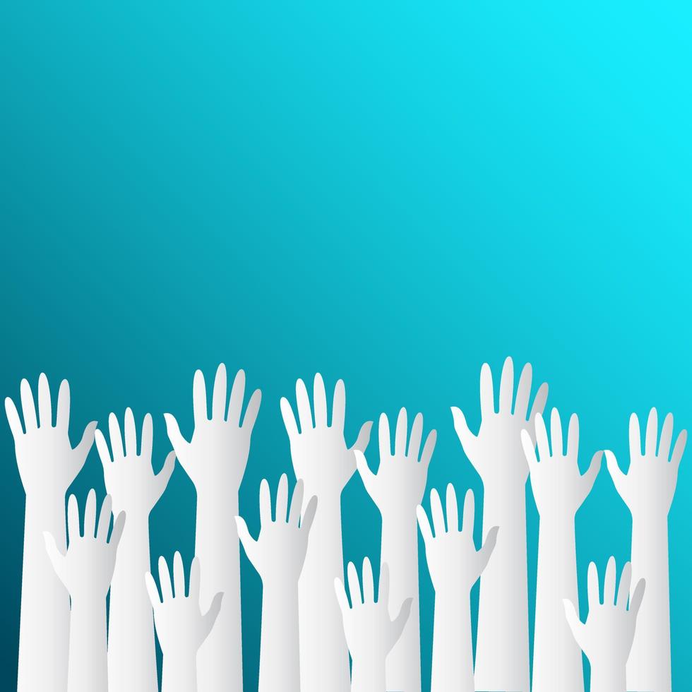 Raised hands up on a turquoise background. Design for banner, postcard, background. Vector illustration