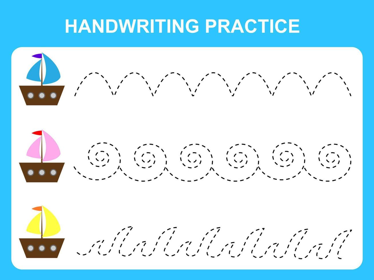 ilustración de hoja de práctica de escritura a mano. barcos sobre las olas. materiales para la enseñanza y el desarrollo de los niños. ilustración vectorial vector