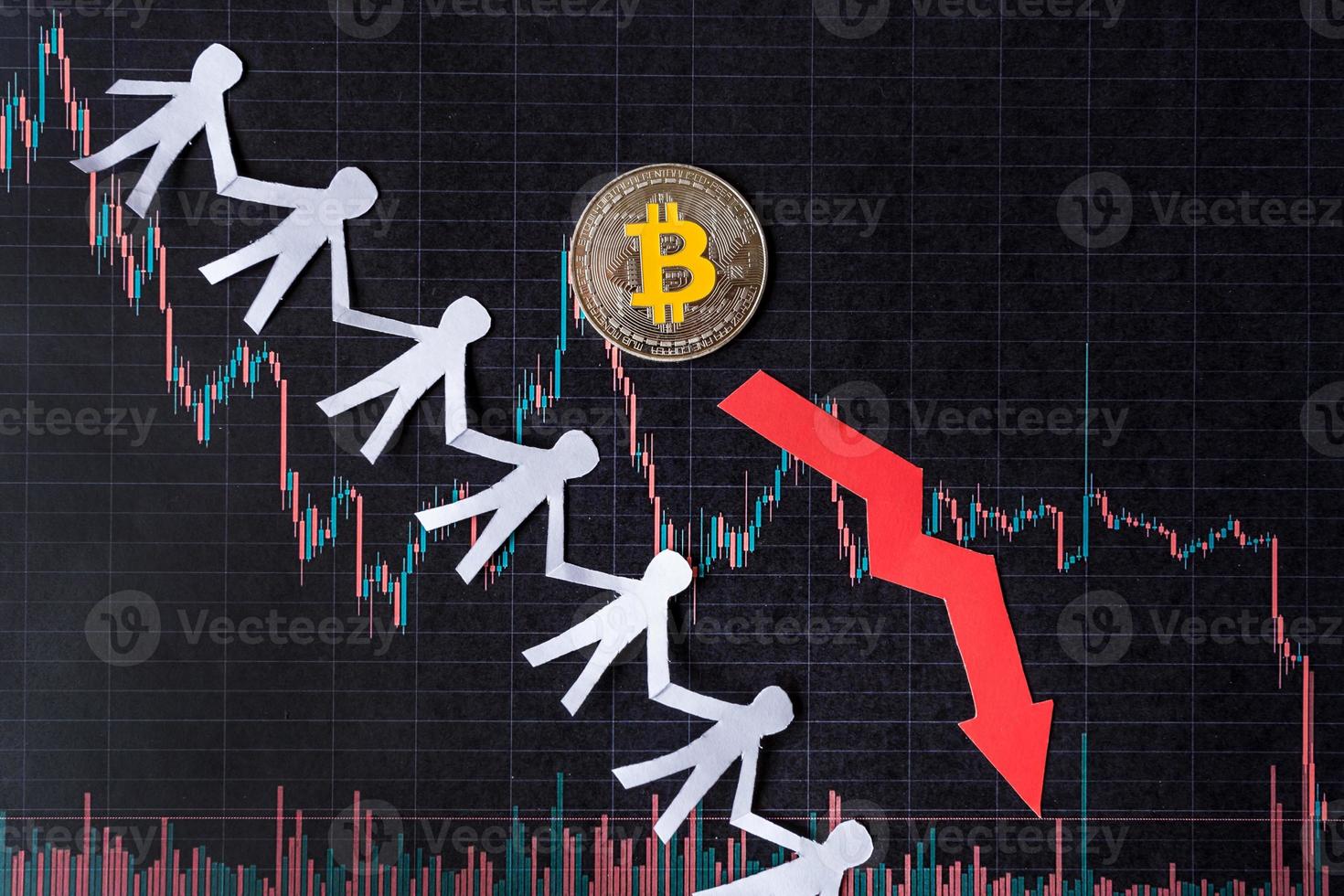 unprofitable investment of depreciation of virtual money bitcoin. red arrow, silver bitcoin and paper crowd go down on paper forex chart index background. Concept of depreciation of cryptocurrency. photo