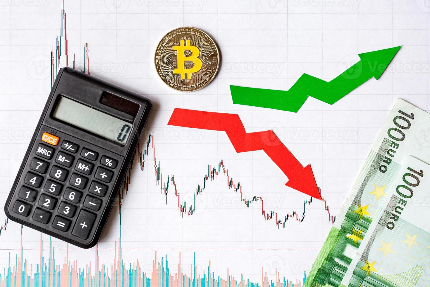 fluctuations  and forecasting of exchange rates of virtual money. Red and green arrows with golden Bitcoin ladder on white paper forex chart background with euro banknotes. Cryptocurrency concept. photo