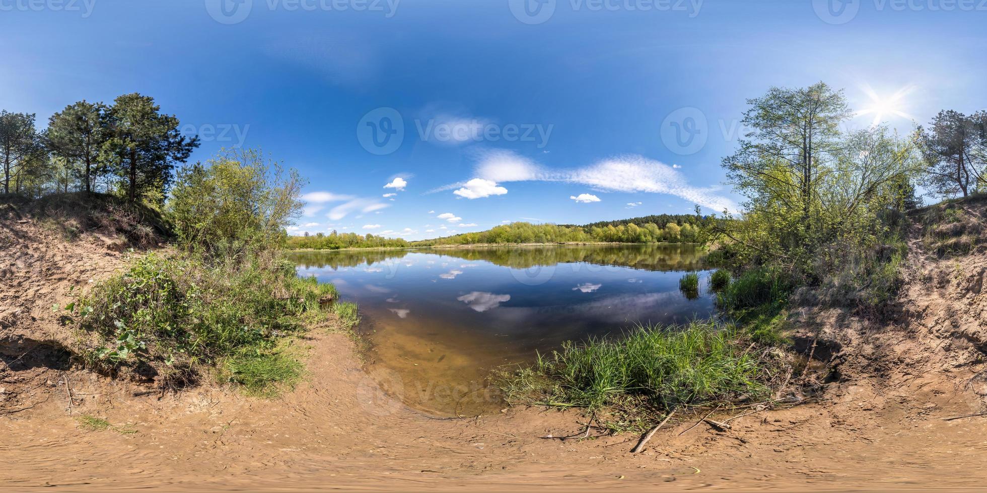 seamless spherical hdri panorama 360 degrees angle view on grass coast of huge river or lake in sunny summer day and windy weather in equirectangular projection with zenith and nadir, VR AR content photo