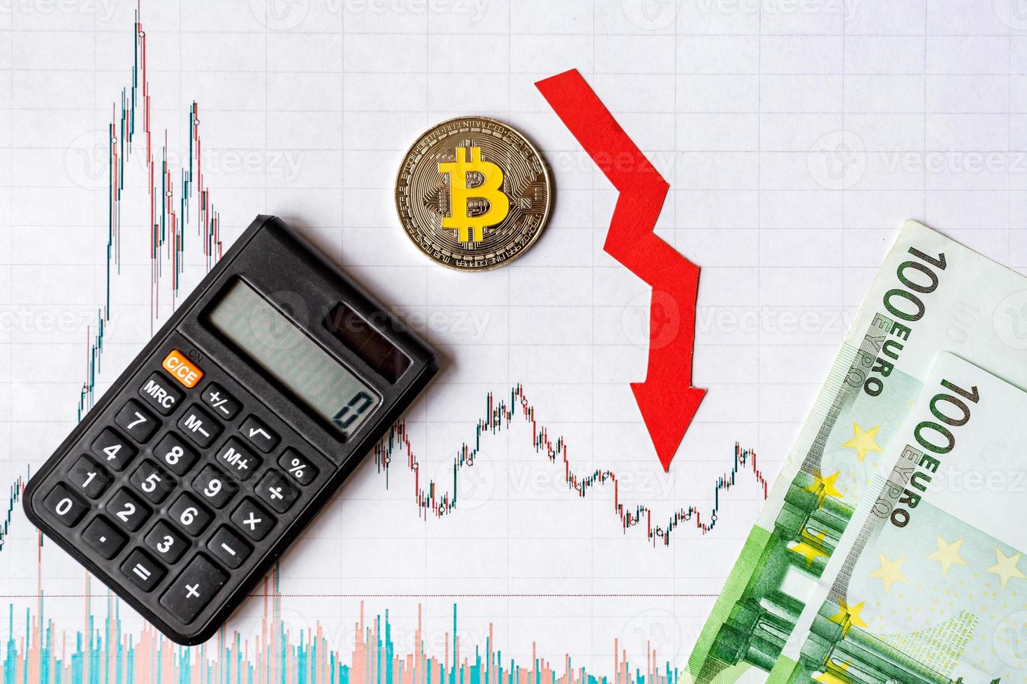 unprofitable investment of depreciation of virtual money bitcoin. red arrow, silver bitcoin and euro banknotes go down on paper forex chart index background. Concept of depreciation of cryptocurrency. photo