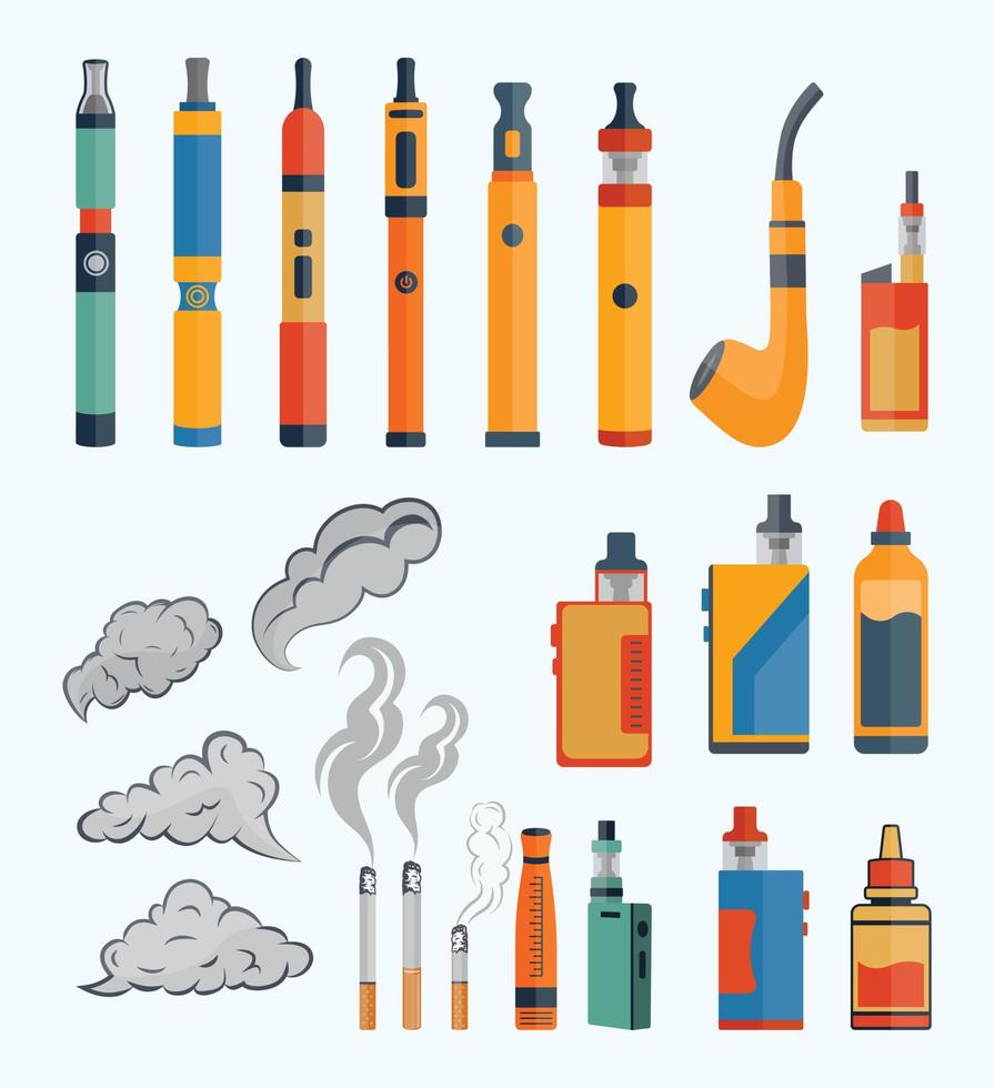 diseño de imágenes prediseñadas de ilustraciones vape, conjunto plano de iconos vectoriales de cigarrillos electrónicos para el diseño, con vector premium descargable.