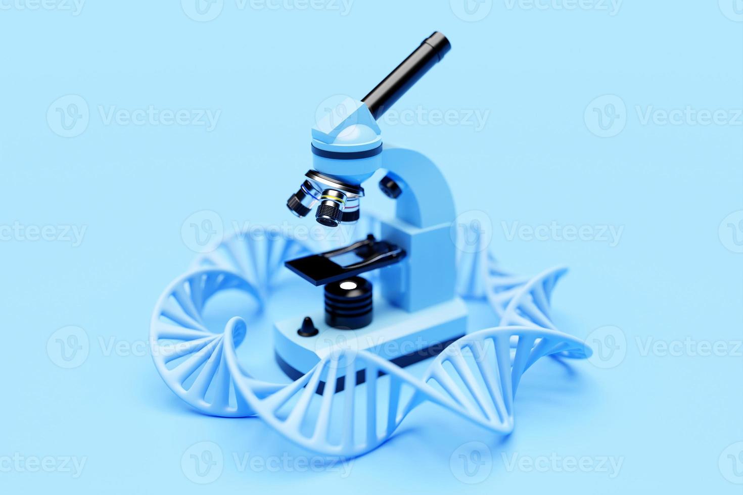 3d illustration realistic laboratory microscope with DNA molecules  no blue background. 3d chemistry, pharmaceutical instrument, microbiological magnifying instrument. photo