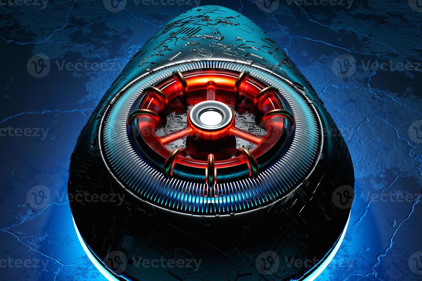 3D rendering future engine rocket turbine technology under blue and purple light.  Futuristic part of a spacecraft turbine photo
