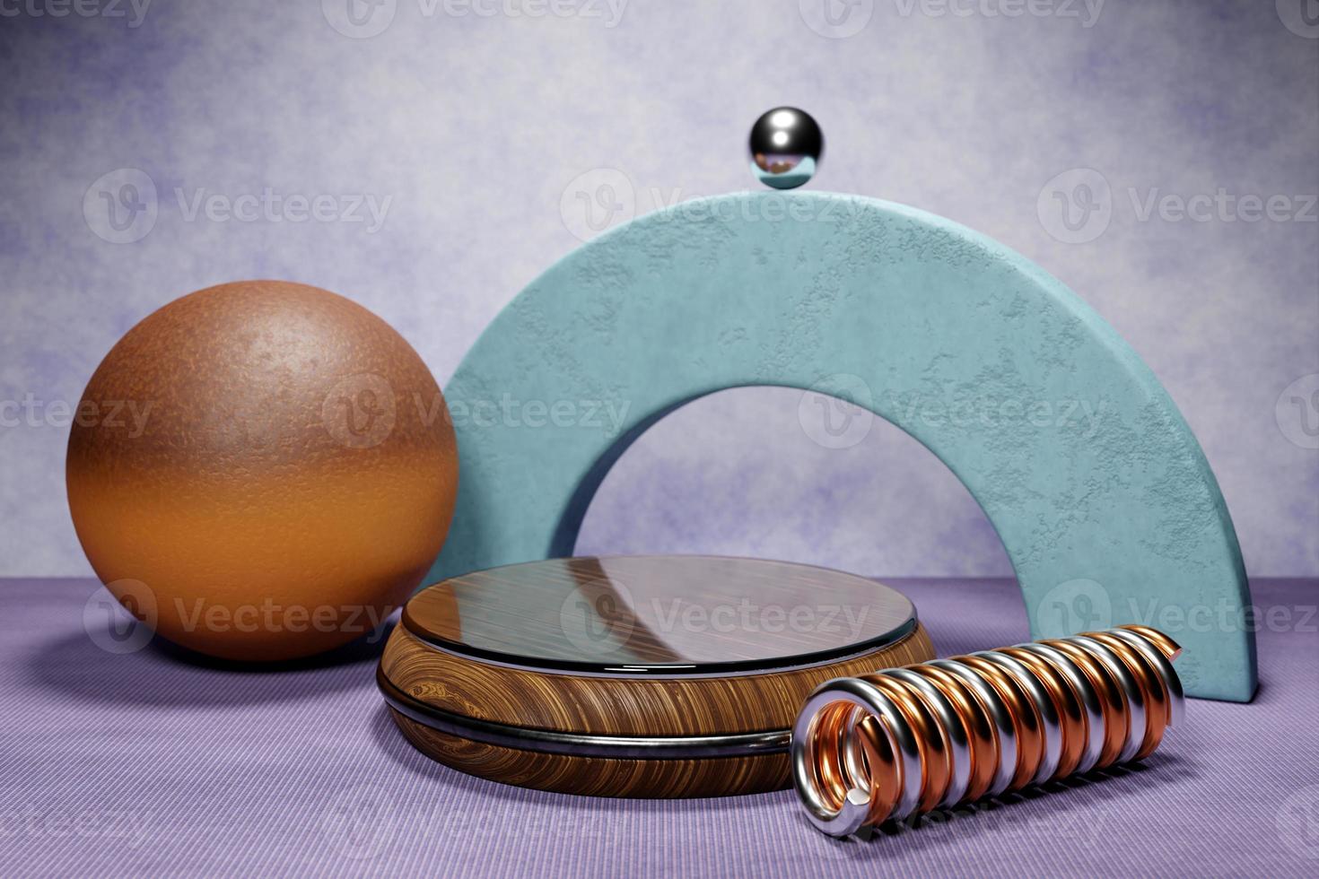 3d illustration of a  wooden circle podium stand on the background of a geometric composition. 3d rendering. Minimalism geometry background photo