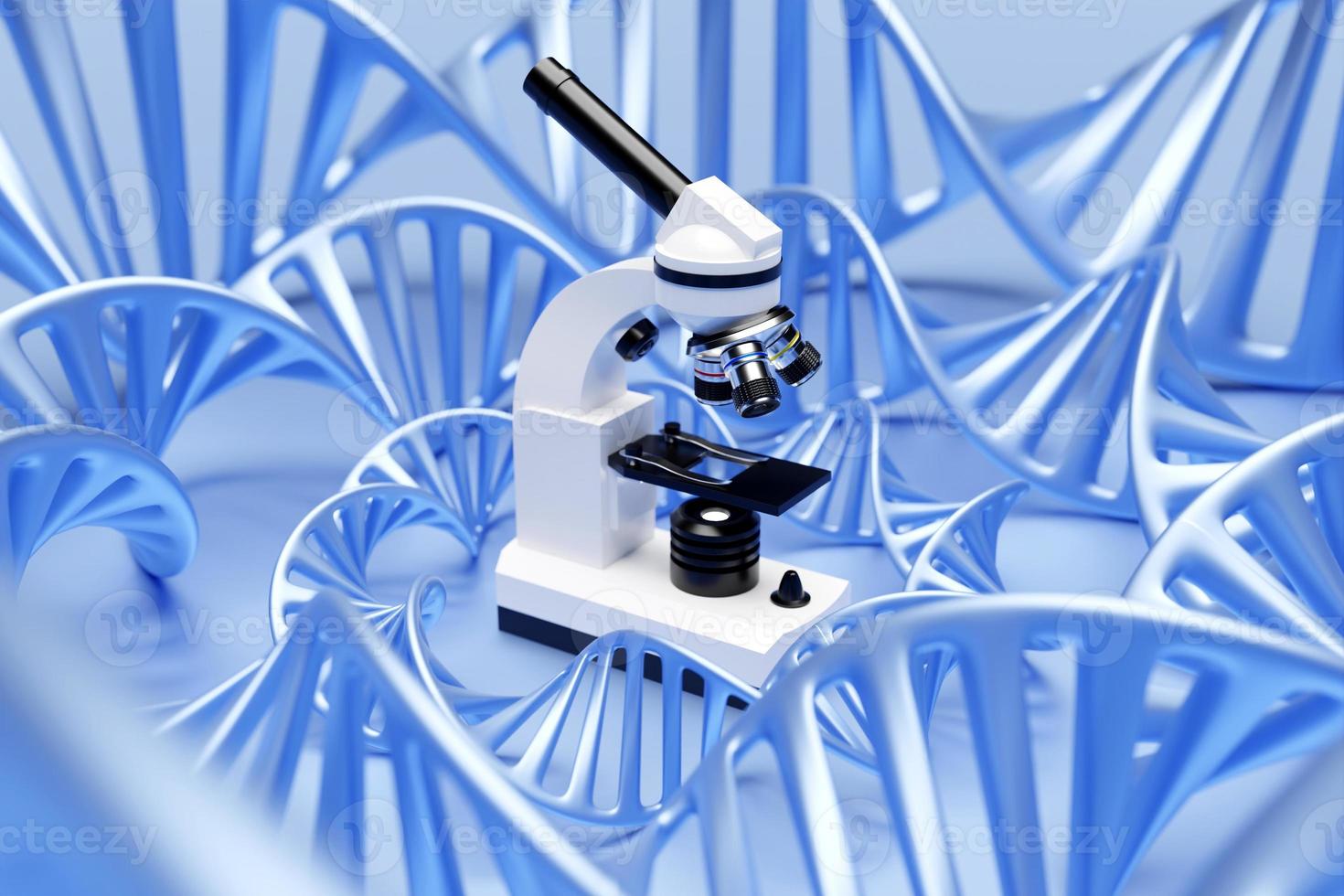 3d illustration realistic laboratory microscope with DNA molecules  no blue background. 3d chemistry, pharmaceutical instrument, microbiological magnifying instrument. photo