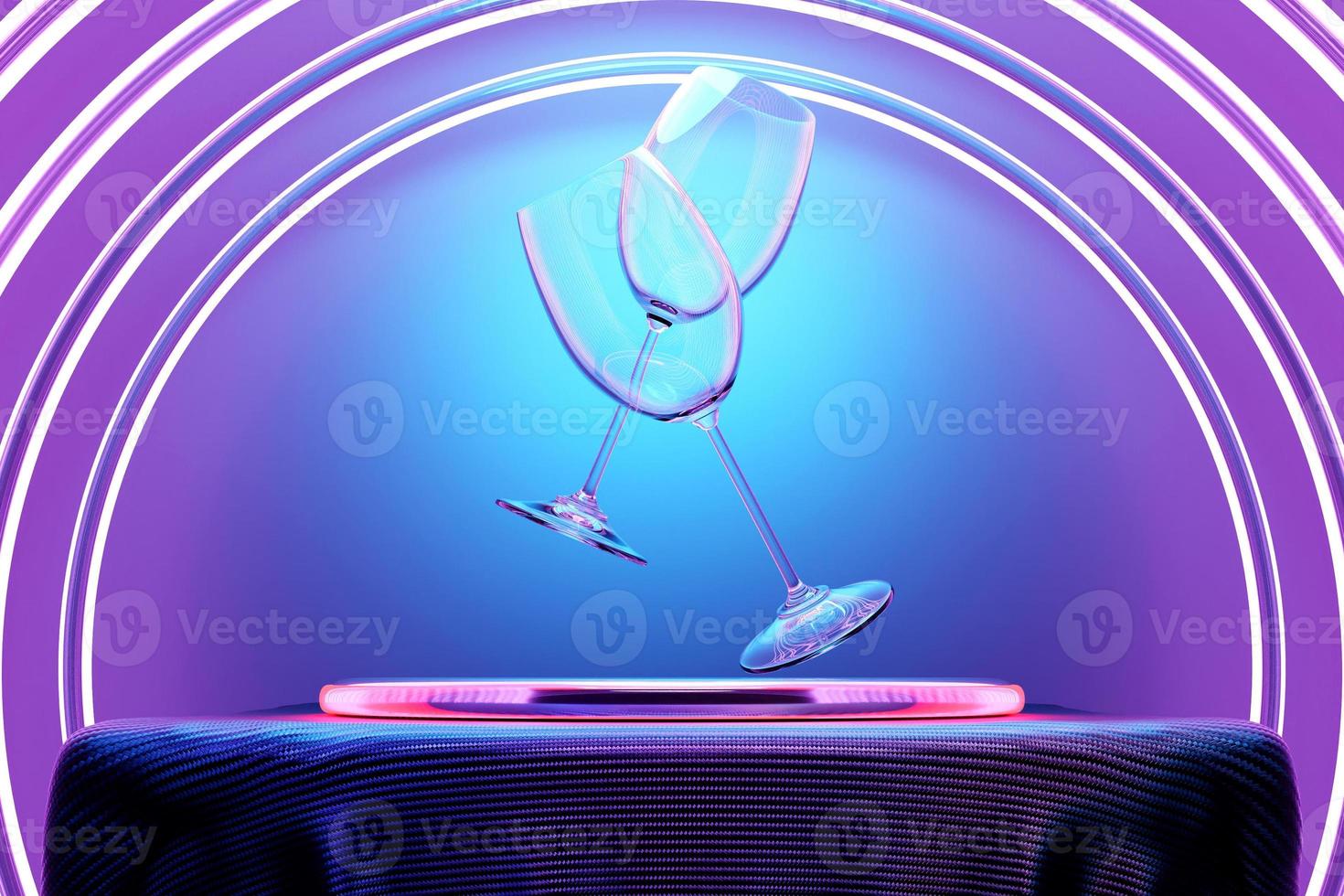 3d illustration glasses of wine on circle podium. photo
