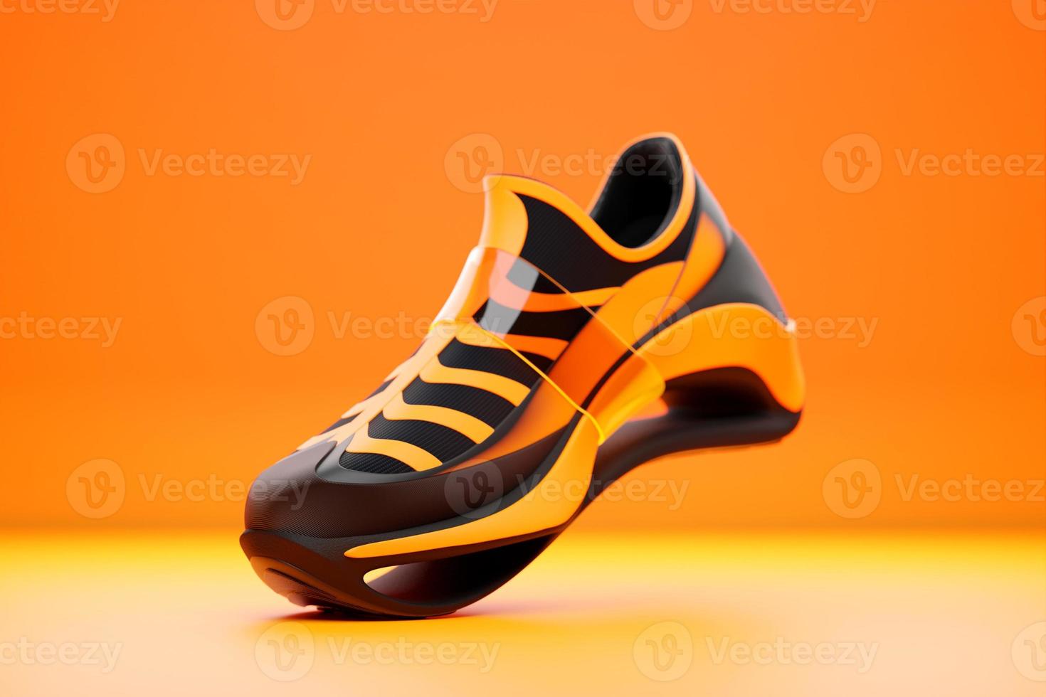 Black  and orange sneakers with animal print on the sole. The concept of bright fashionable sneakers, 3D rendering. photo