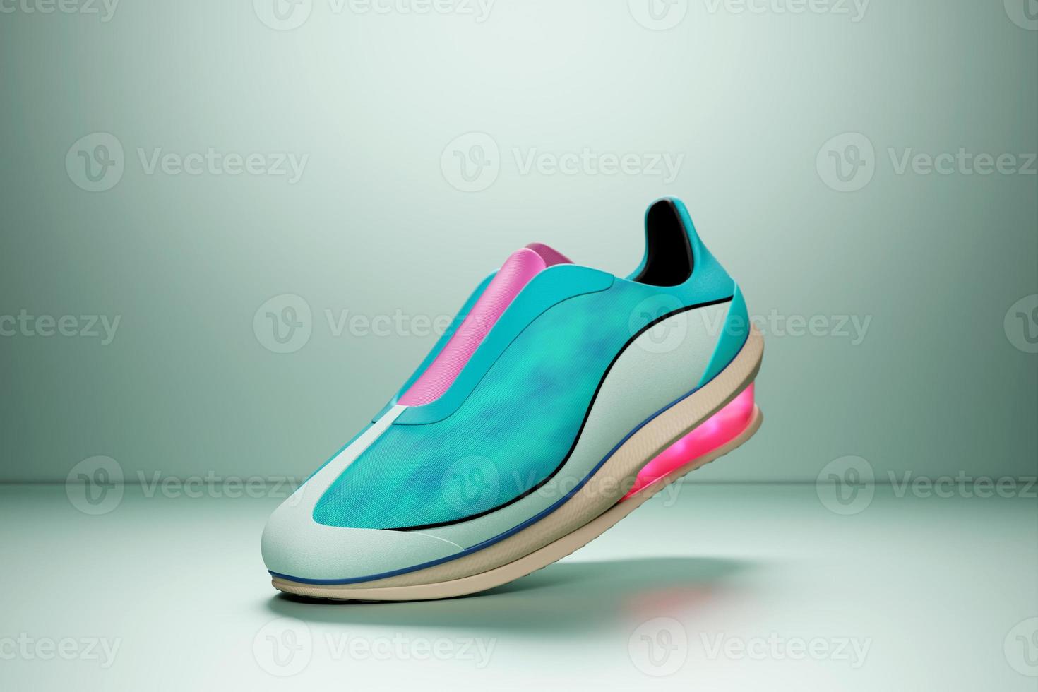 Colorful sneakers on the sole. The concept of bright fashionable sneakers, 3D rendering. photo