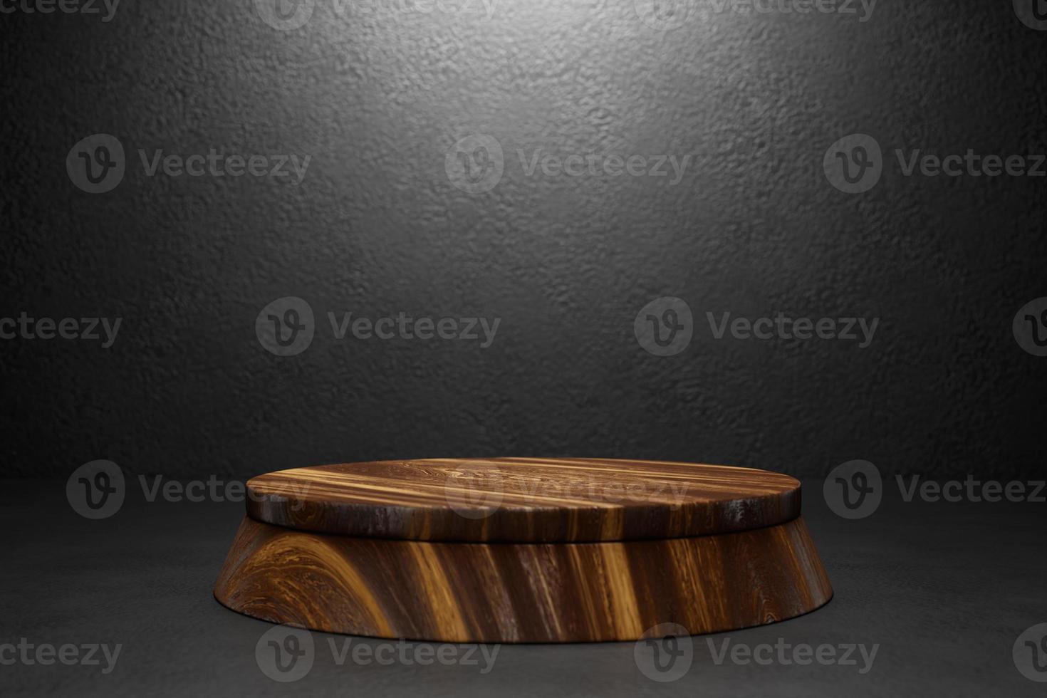 3d illustration  wooden minimal scene  on the  gray background. Brown  podium on a monochrome background. Product presentation, mockup, cosmetic product display, podium, pedestal photo