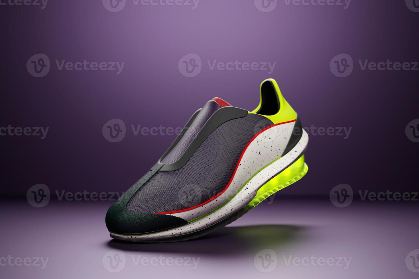 3D illustration of a concept shoe for the metaverse. Colorful  sports boot sneaker on a high platform. photo