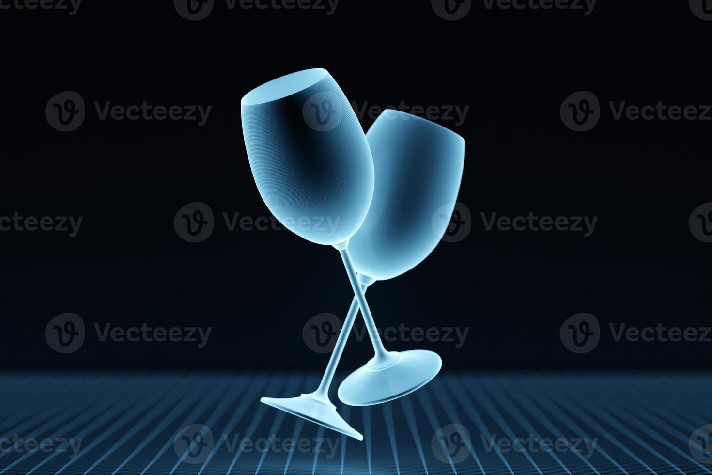 Illustration 3d two glass for vine on a black  background. realistic illustration of a pair of glasses for strong alcohol photo