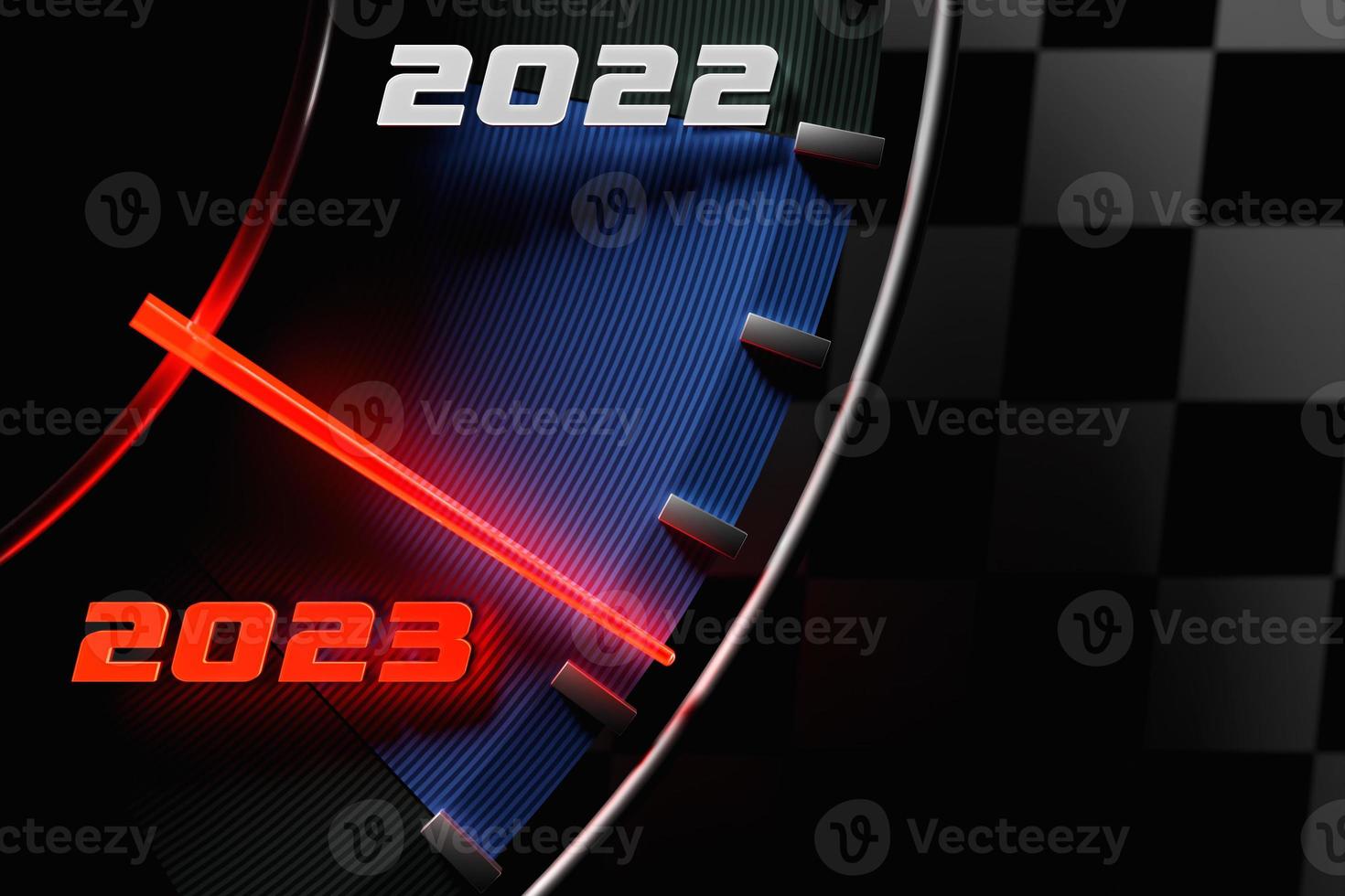 3D illustration close up black speedometer with cutoffs 2022,2023. The concept of the new year and Christmas in the automotive field. Counting months, time until the new year photo