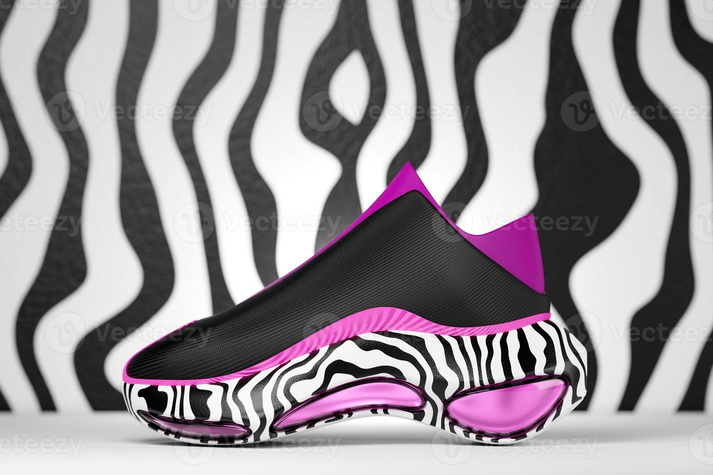 Black sneakers with animal print on the sole. The concept of bright fashionable sneakers, 3D rendering. photo