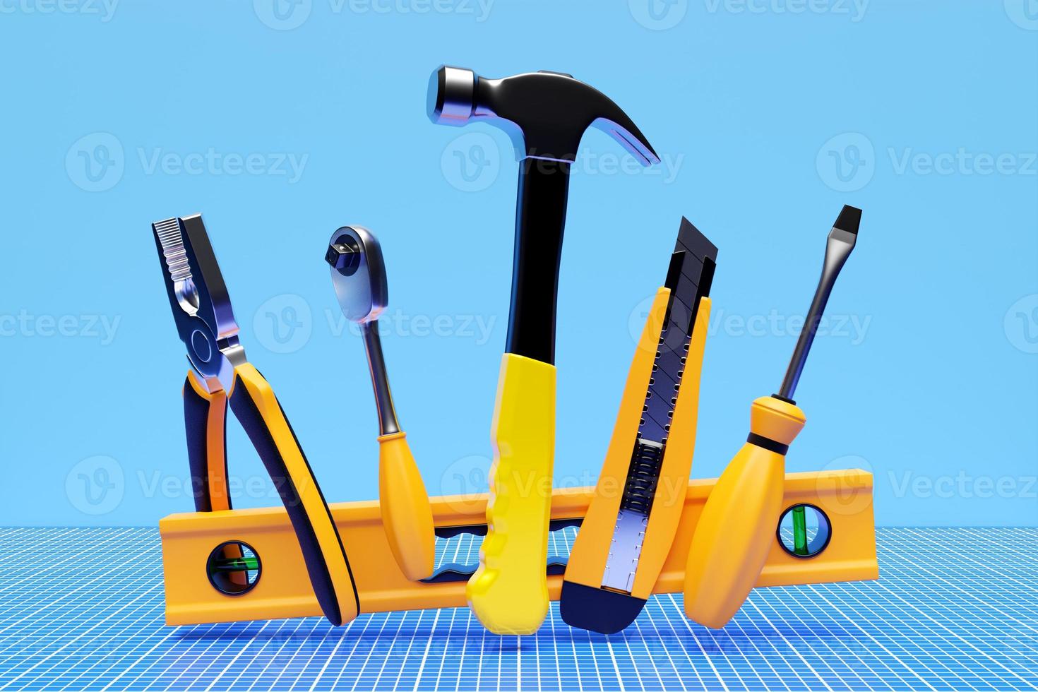 3D illustration of a hand tool for repair and construction  level, screwdriver, hammer, pliers, tape measure. Set of tools photo