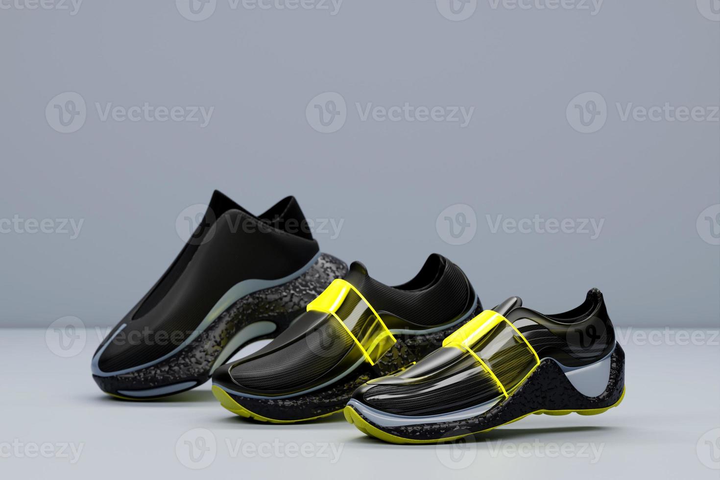 Set of the black  sneakers on the sole. The concept of bright fashionable sneakers, 3D rendering. photo