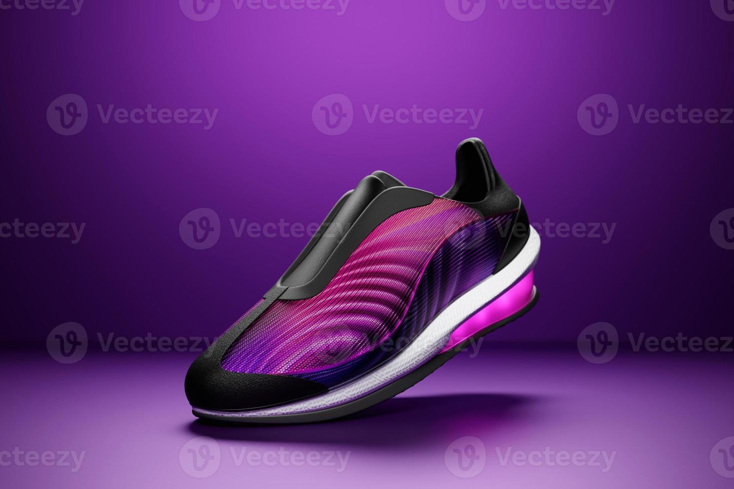 3D illustration of a concept shoe for the metaverse. Purple sports boot sneaker on a high platform. photo