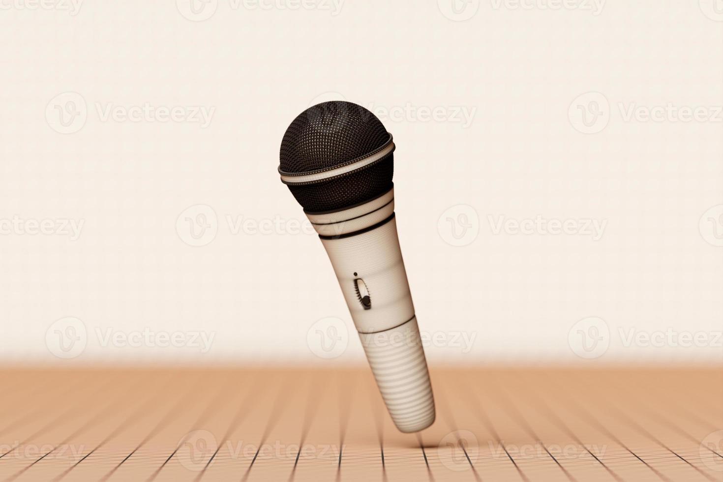 Beige microphone,   model  on monochrome background, 3d illustration. music award, karaoke, radio and recording studio sound equipment photo