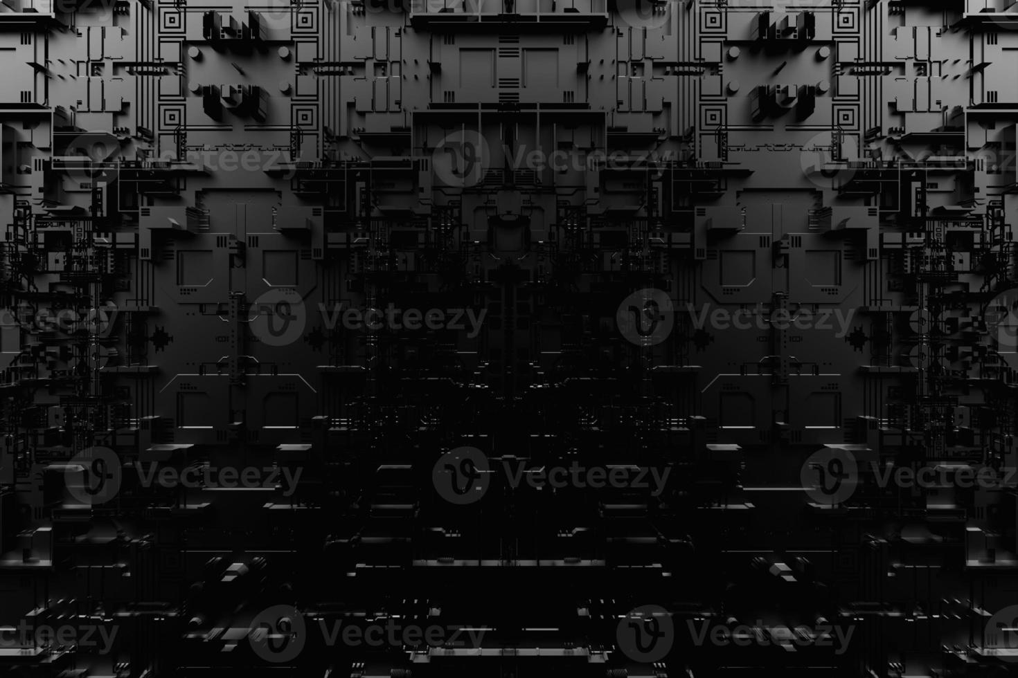 Detail of a futuristic  machine. 3D illustration of a futuristic wall made of various details. Cyberpunk background. Industrial wallpaper. Grunge details photo