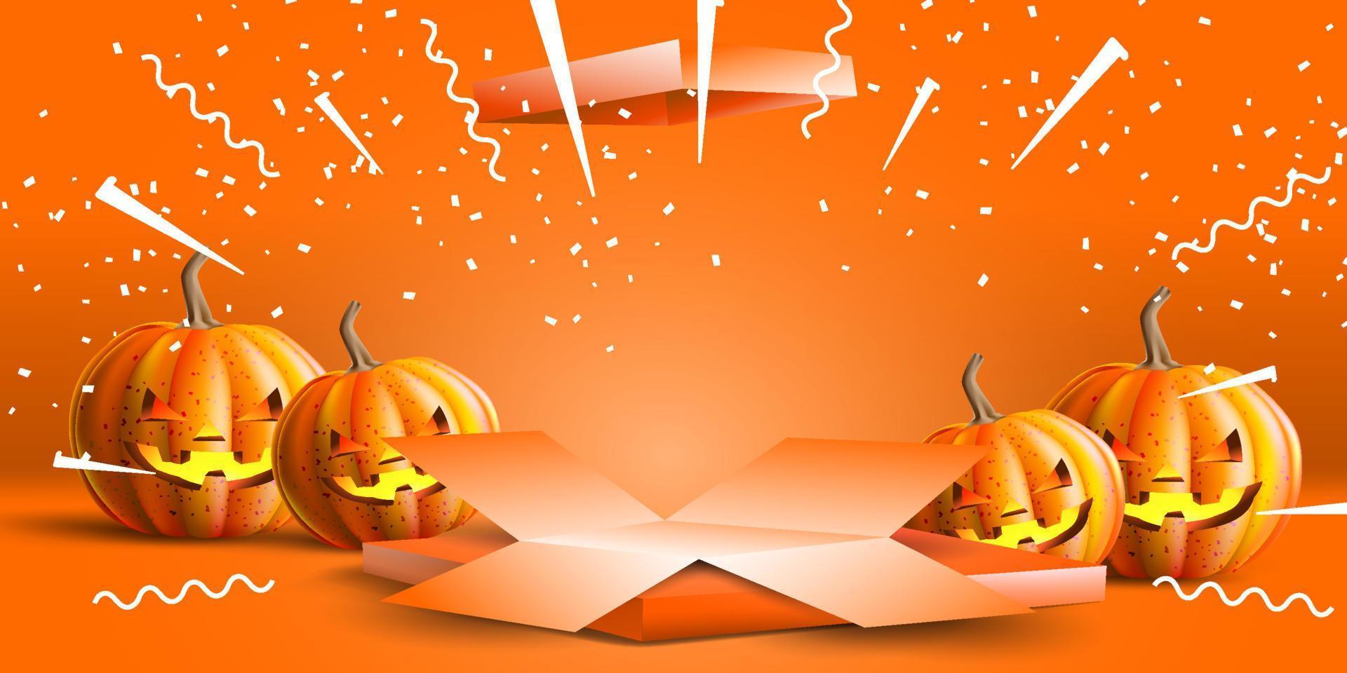 escenario de podio de halloween con caja abierta, uso para promoción o banner de venta y afiche de evento vector