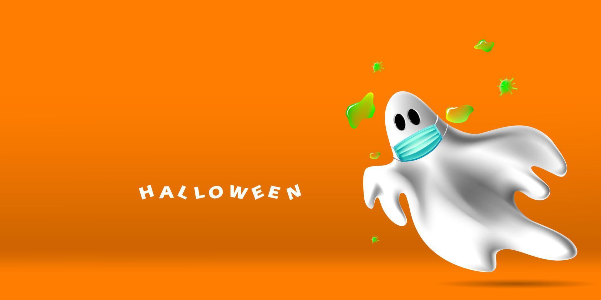 Happy Halloween greeting card design background. Ghost wearing face mask protecting from coronavirus or COVID-19 vector