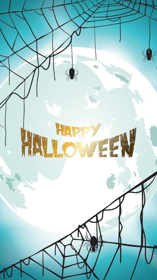 Dark Halloween background with Moon on blue sky, spiders and bats, illustration. Flyer or invitation template for banner, party, Invitation . Vector illustration with place for your Text or copy space