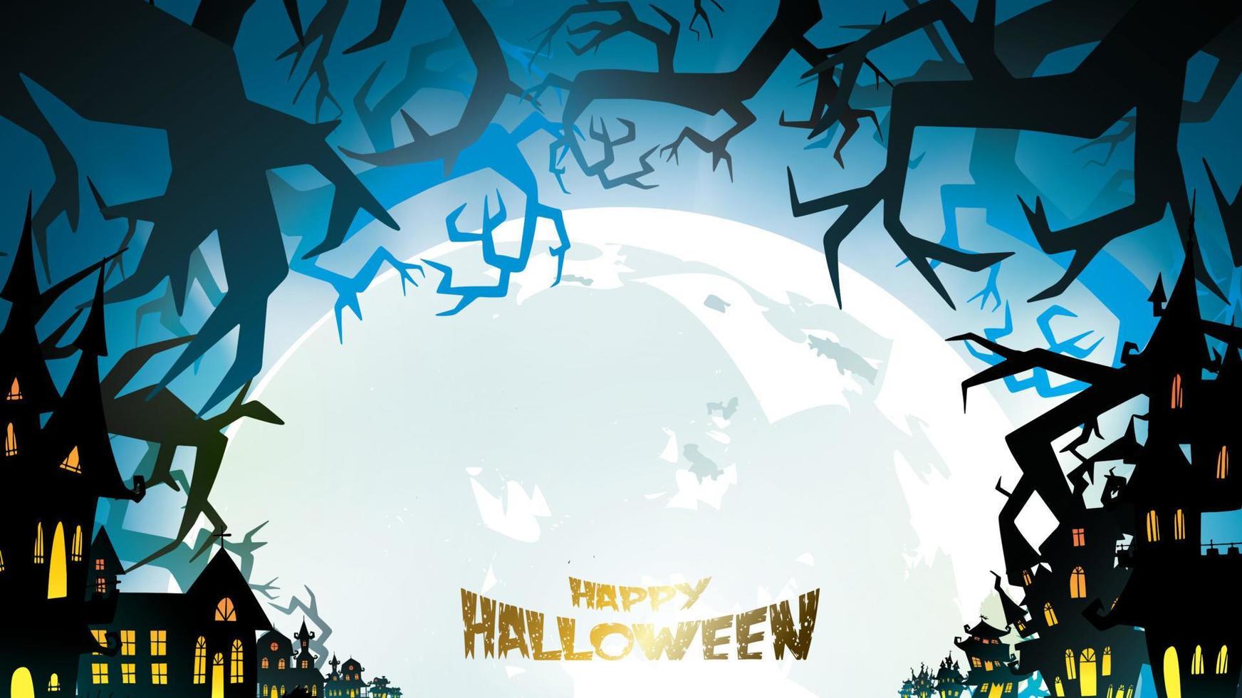 fondo de noche de halloween con calabaza, casa embrujada, castillo y luna llena. volante o plantilla de invitación para banner, fiesta, invitación. ilustración vectorial con lugar para el texto y el espacio de copia vector