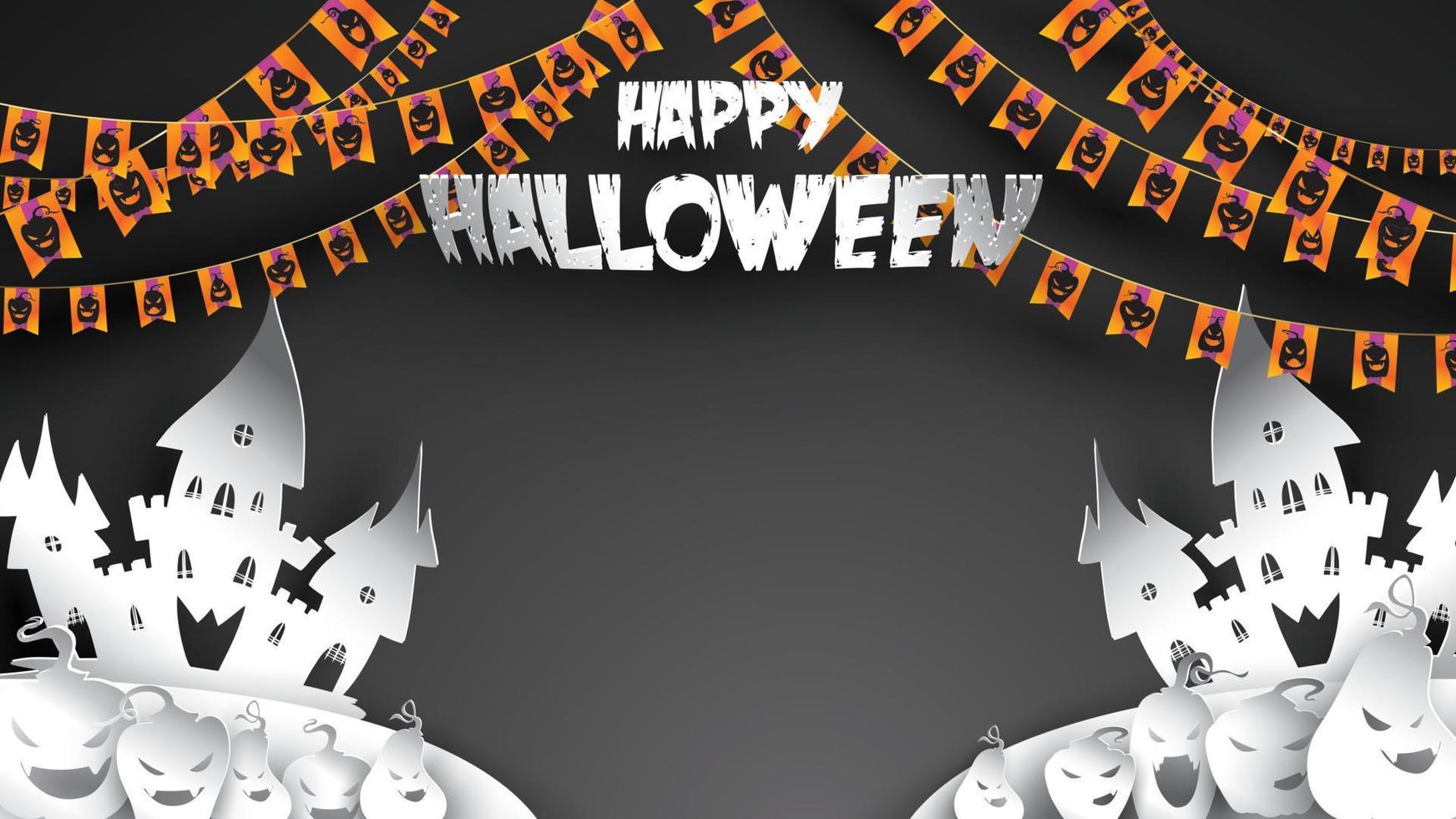 Halloween background with pumpkin, haunted house and full moon in paper art carving style. banner, poster, Flyer or invitation template party. Vector illustration.