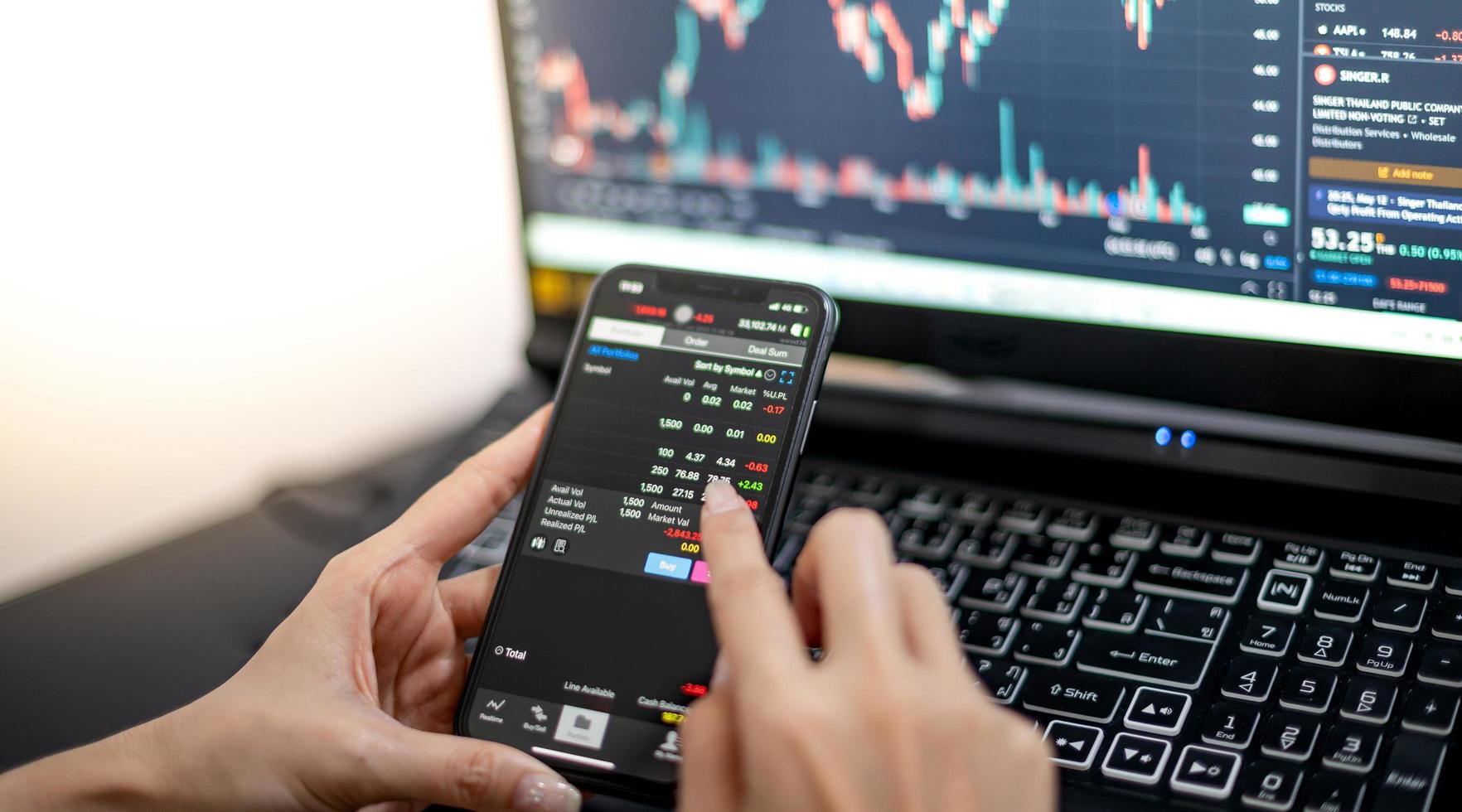Female trader investor broker analyst holding a smartphone in hand analyzing stock market trading charts indexes data checking price using mobile stock market exchange application. photo