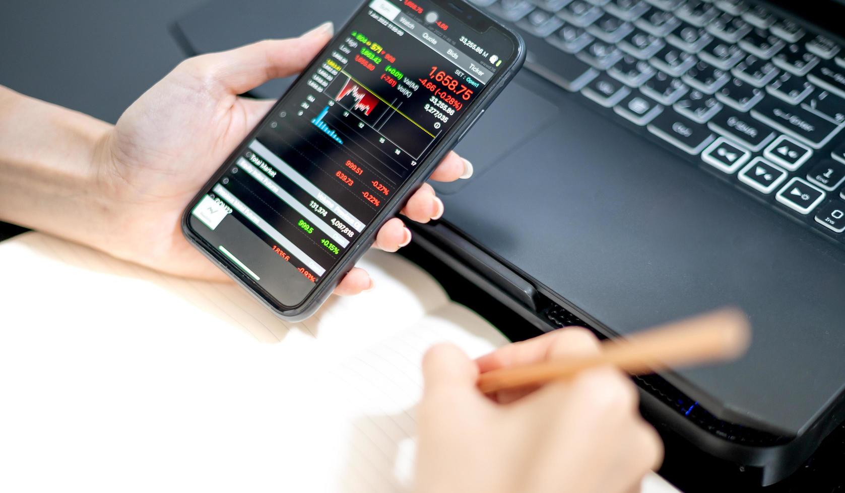 Female trader investor broker analyst holding a smartphone in hand analyzing stock market trading charts indexes data checking price using mobile stock market exchange application. photo