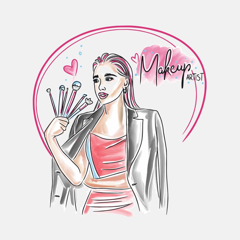 Makeup artist, beauty beauty master, handwritten inscription, girl with brushes in her hands vector