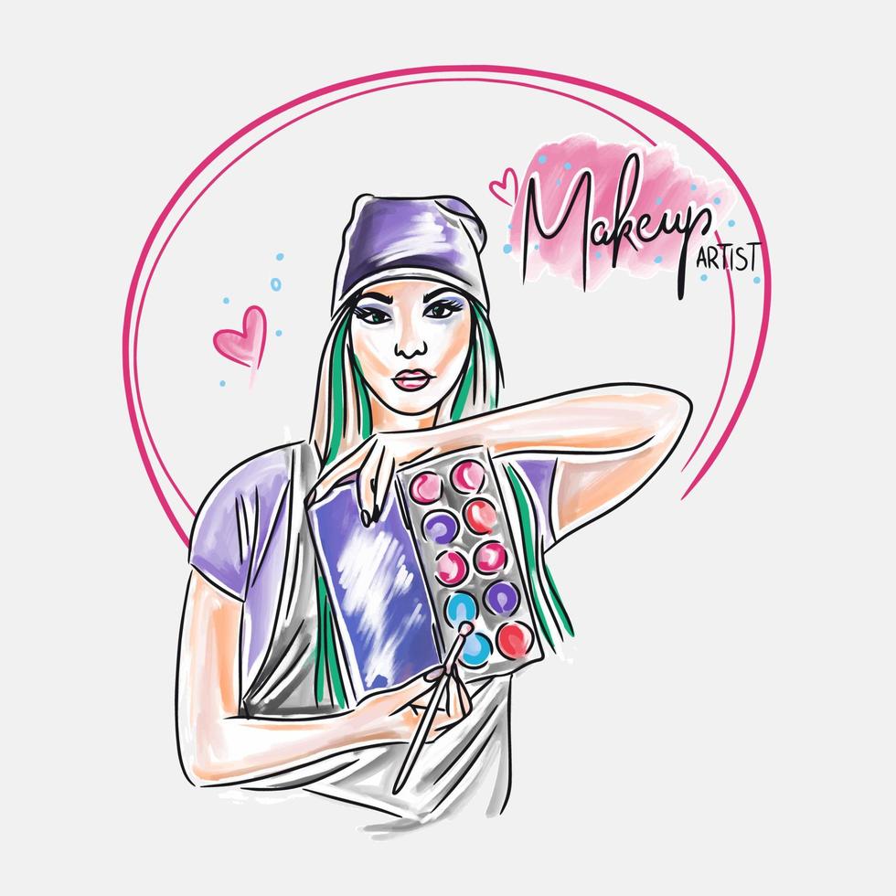 Makeup artist, beauty master, handwritten lettering, girl with eyeshadow palette in her hands vector