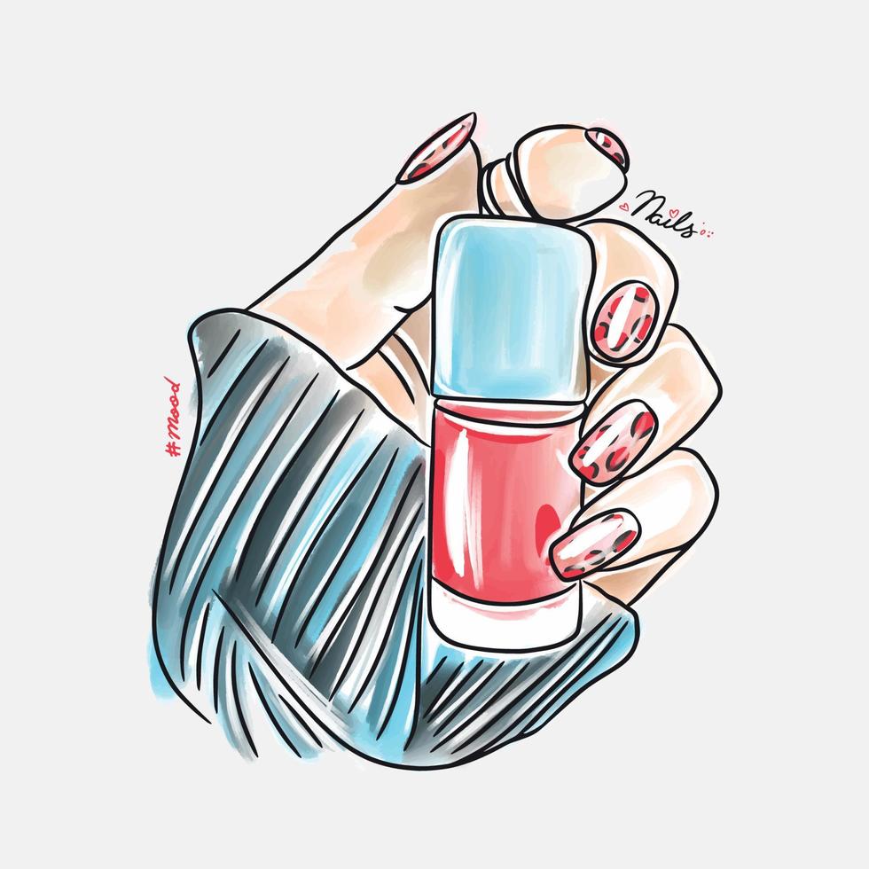 mano femenina con uñas largas sostiene esmalte de uñas, diseño de uñas de moda, moda vector