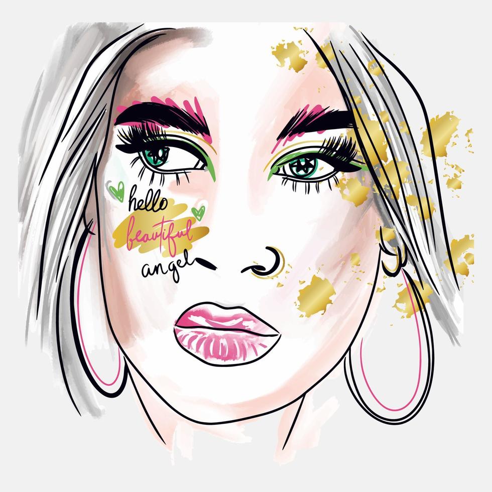Beautiful girl, bright portrait with gold, blots, handwritten quote, lettering design vector