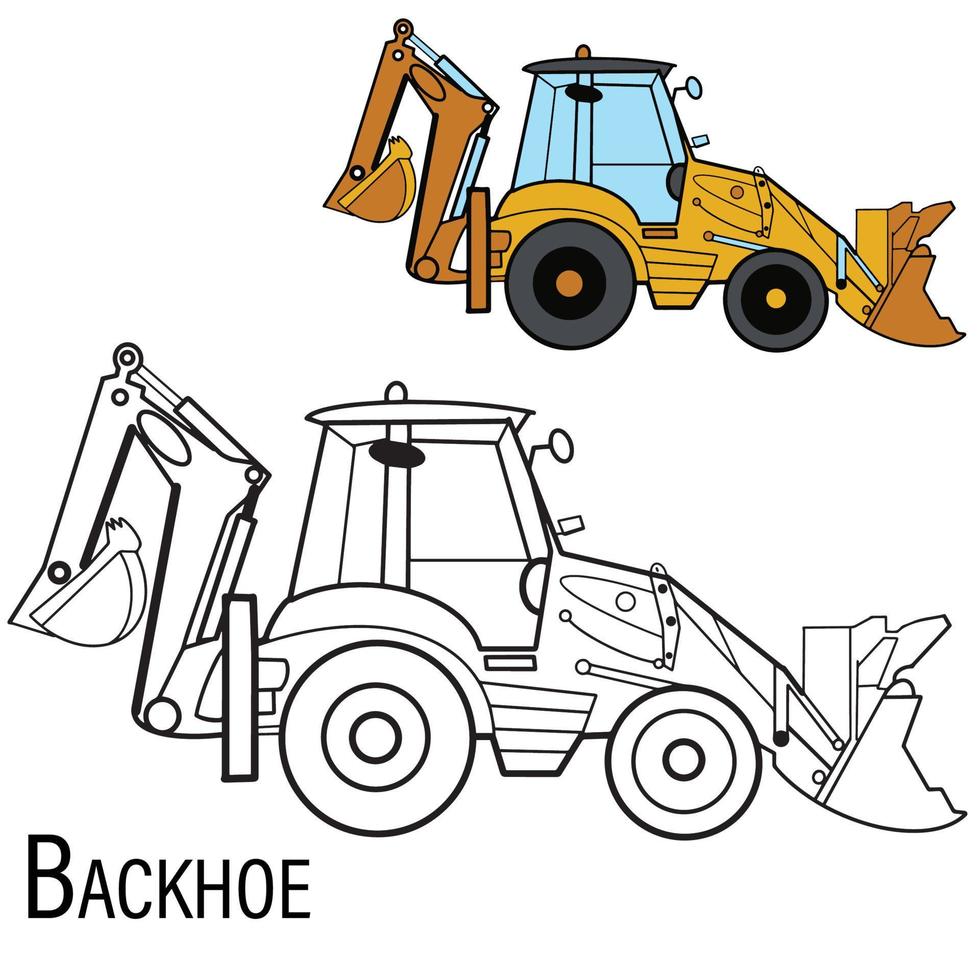 Construction vehicles Black and White Outline.Heavy equipment Backhoe Loader vector