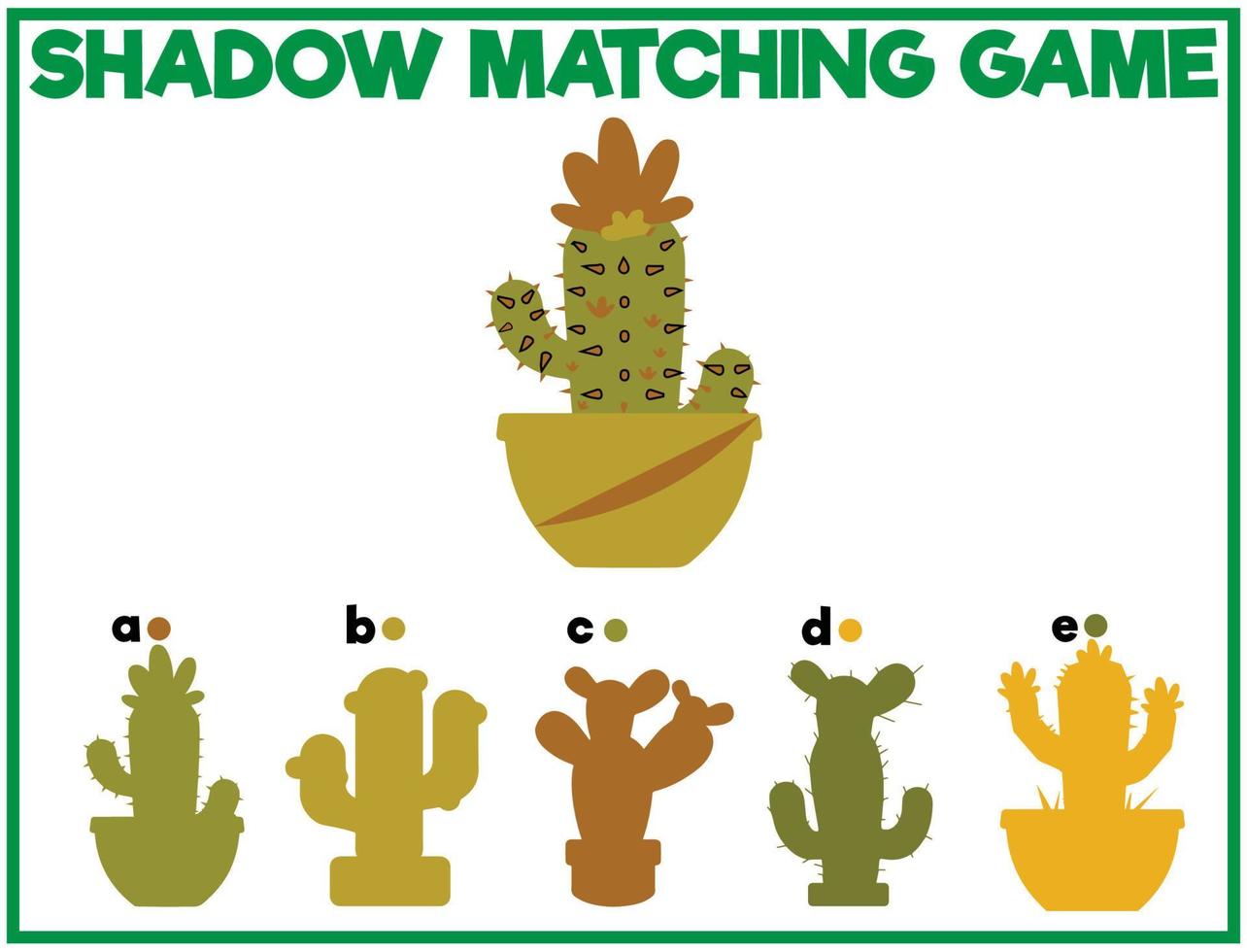 Cactus shadow matching activity for children. Fun summer puzzle. vector