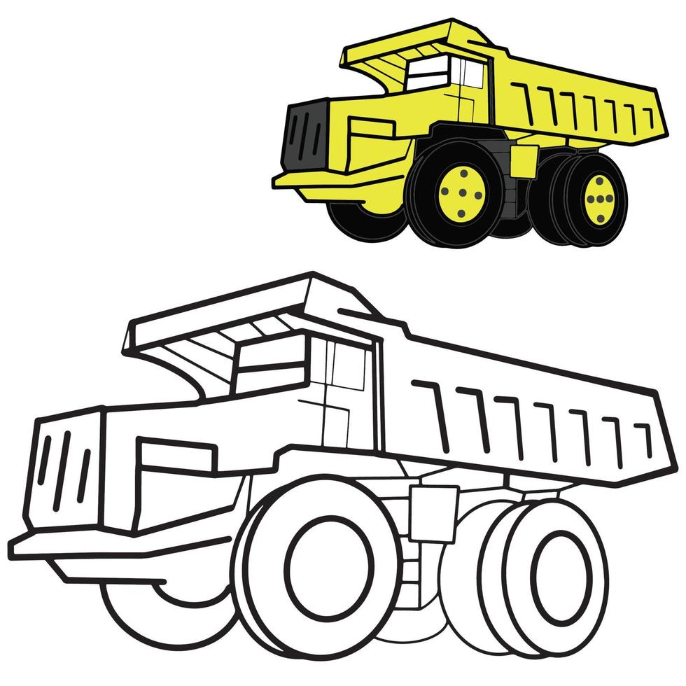 vehículos de construcción contorno blanco y negro.camión volquete de equipo pesado vector