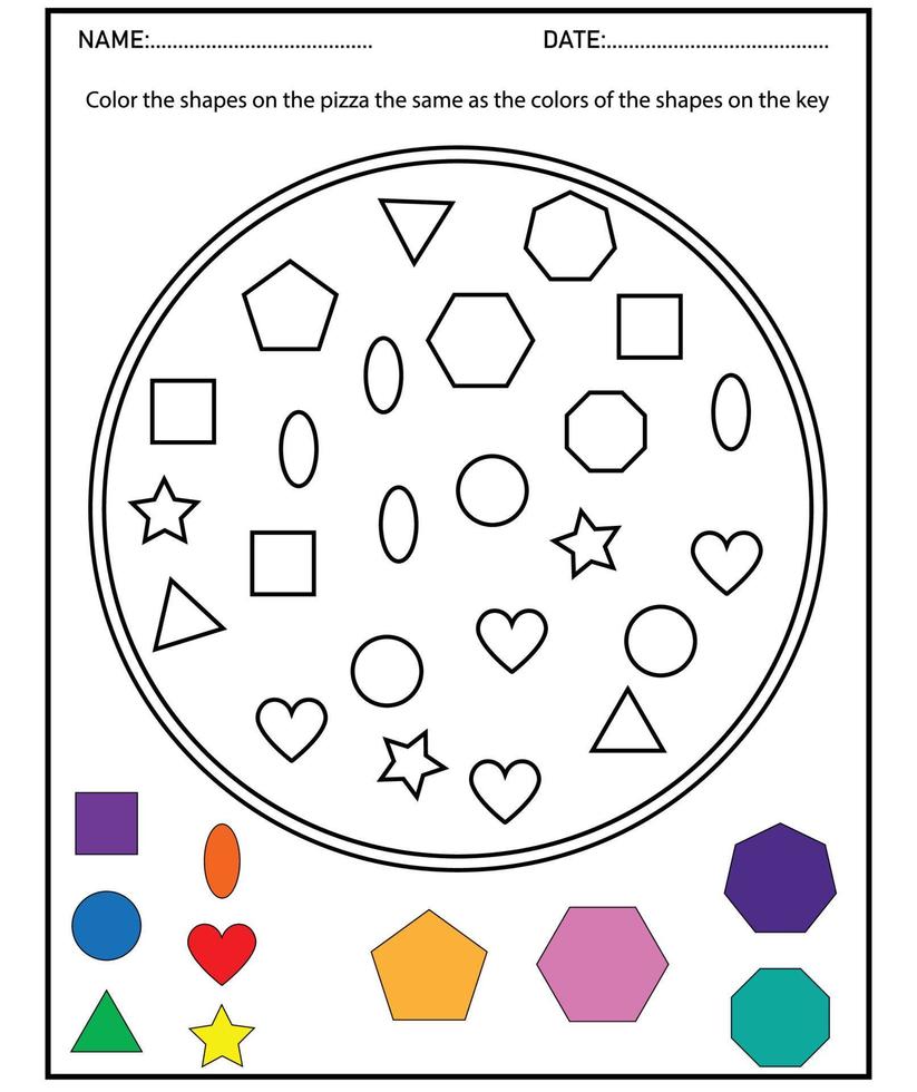 Pizza Game.Tracing shapes, Learn shapes and geometric figures. Preschool or kindergarten worksheet. vector