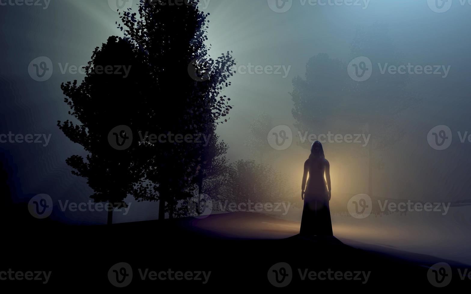 Horror Scene of a Scary Woman in the dark. 3d render photo