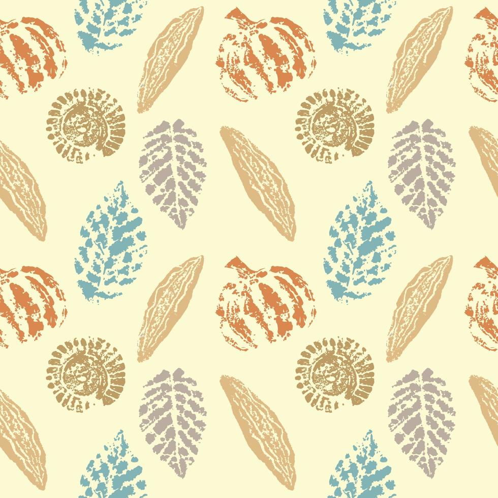 Autumn pattern imprint pumpkin leaf pods, stamp. vector