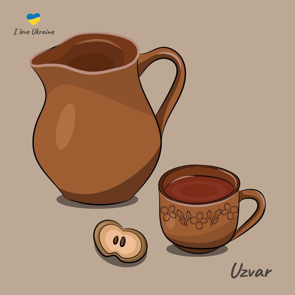 A dish of national Ukrainian cuisine, uzvar, dried fruit compote in a clay jug, flat vector, earthenware jug and cup on beige background vector