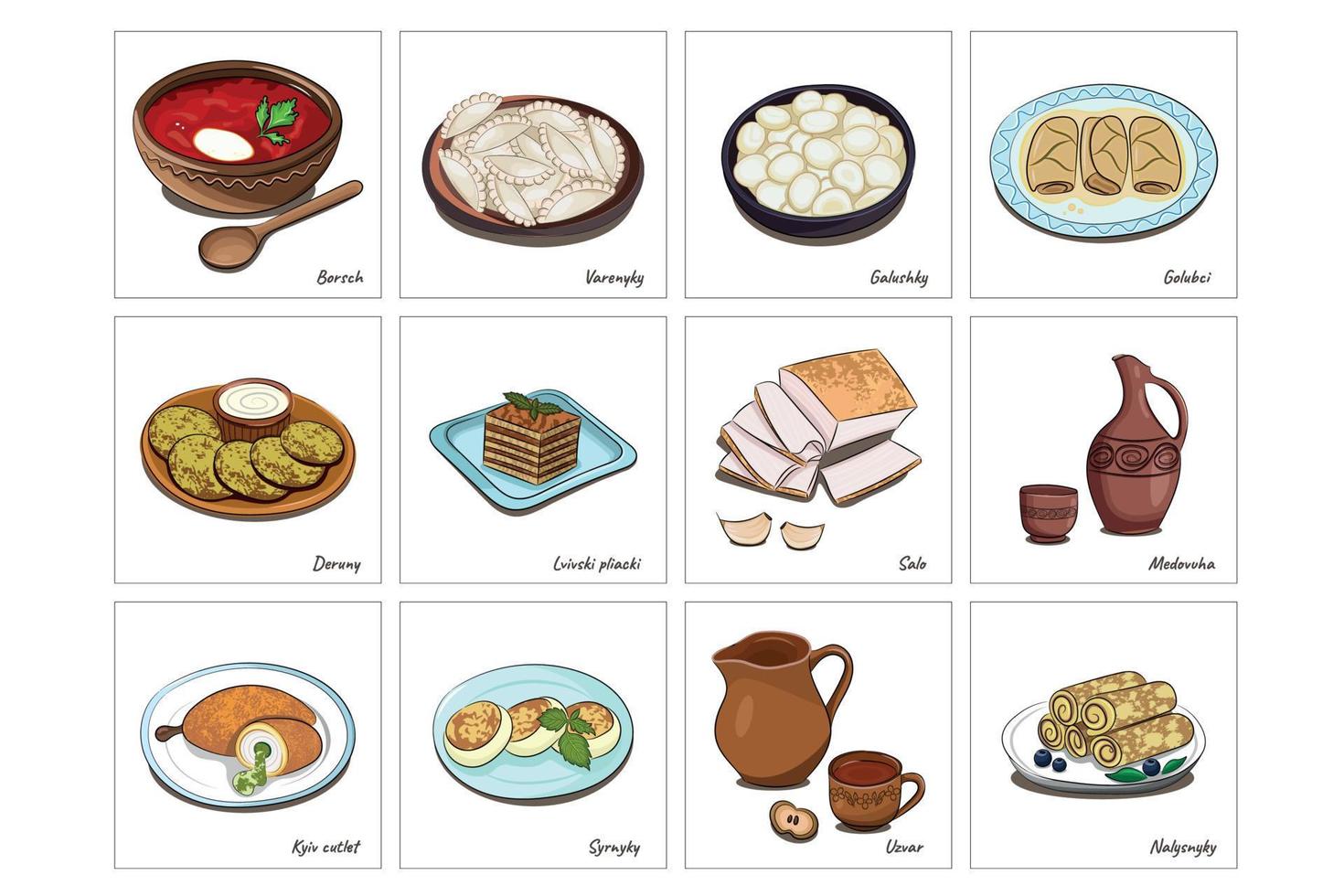 conjunto de 12 platos de cocina nacional ucraniana, nombres de platos en inglés, vector plano, aislado en blanco